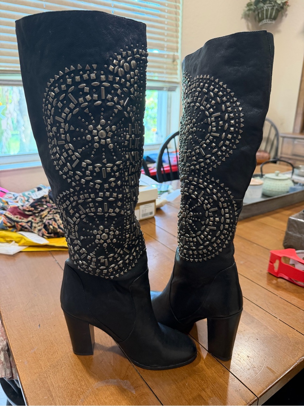 Aldo Over The Knee Silver Stud Embellishment Black Leather Boots 37